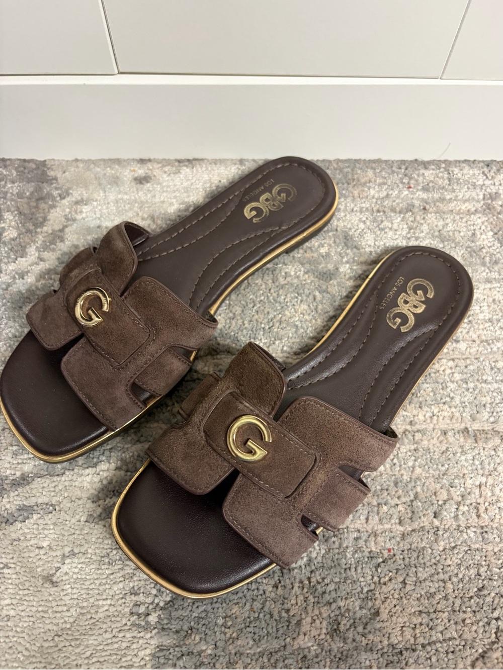 G by Guess Brown Suede Slide Sandals with Gold Accent